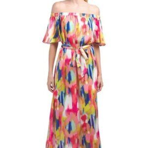 !NWT Trina Turk San Onofre Off The Shoulder Vibrant Painted Maxi Dress Size S